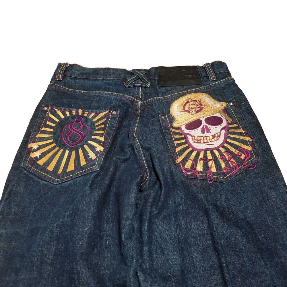 Eight 732 Jeans Men Size 34x33 Dark Blue Skull Embroidery Rear Pocket (34x32.5) - Picture 4 of 5